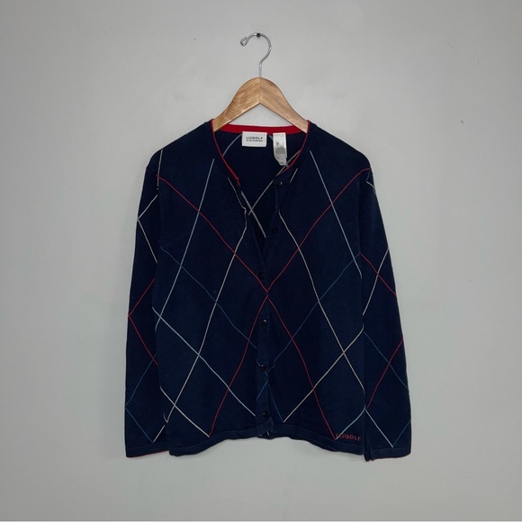 Liz Clairborne  Golf Cardigan Women's Size Large Navy Red Argyle Cotton Vintage - Picture 2 of 6